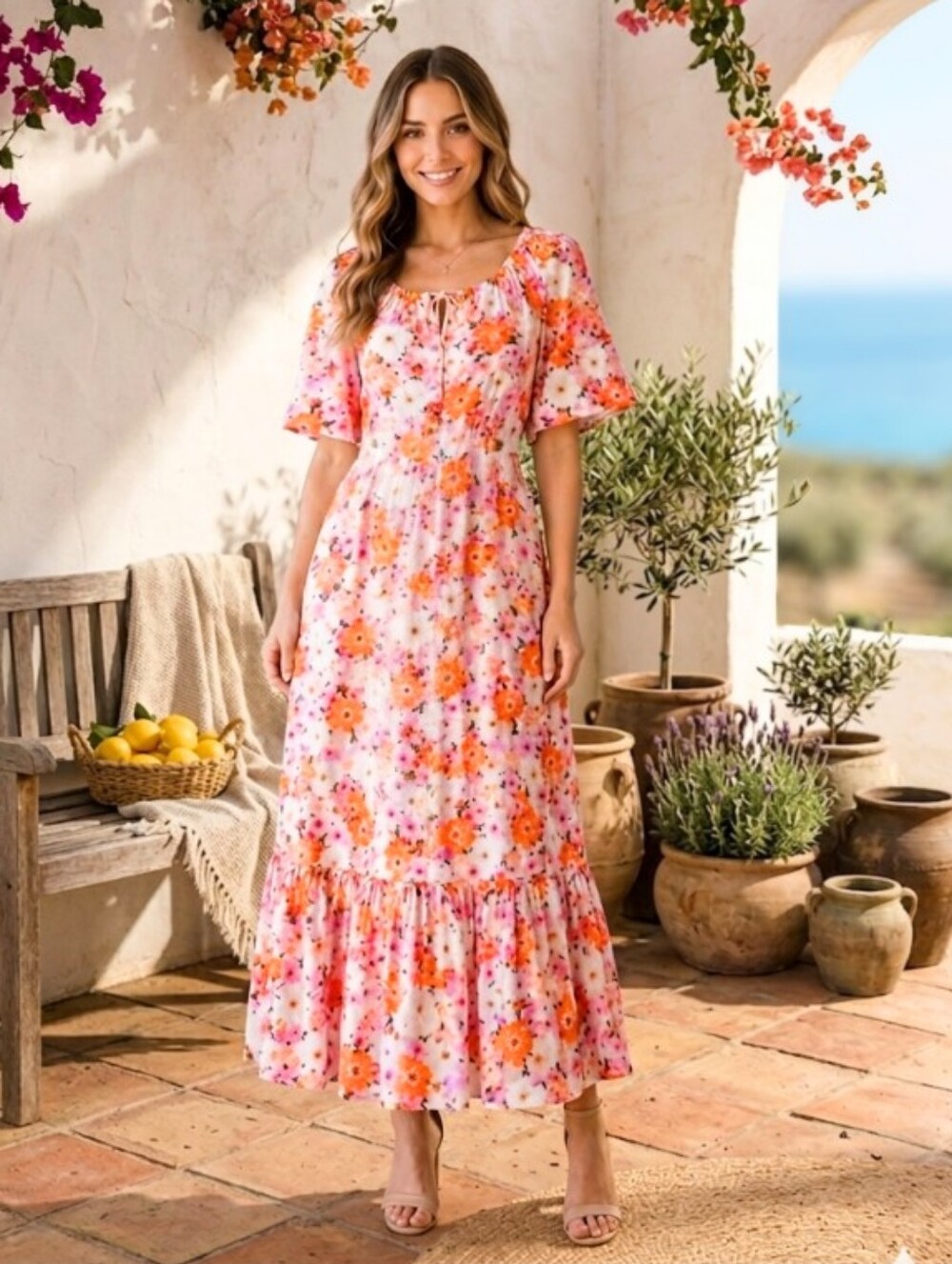 Ivy City Co. Floral Pink/Orange Puffed-Sleeve Maxi Dress Sunny Cottagecore Sz M